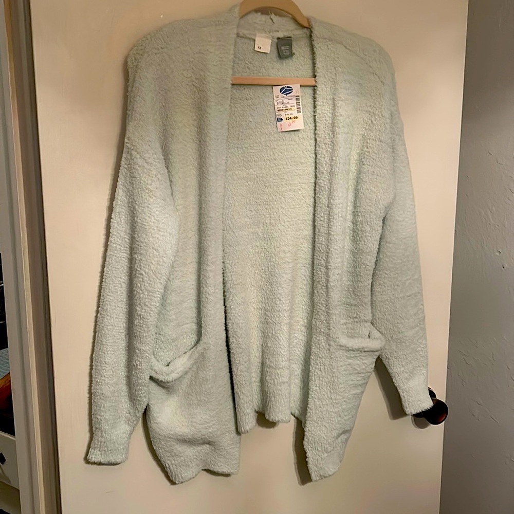 NWT XS Thick fuzzy long cardigan sweater in light teal